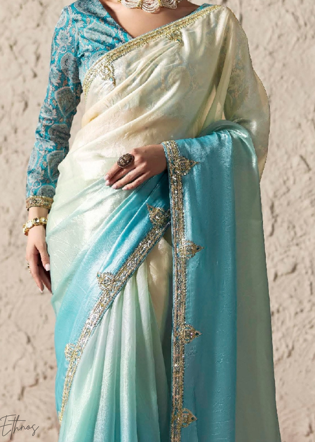 Sky Blue Embroidered Glass Tissue Designer Saree