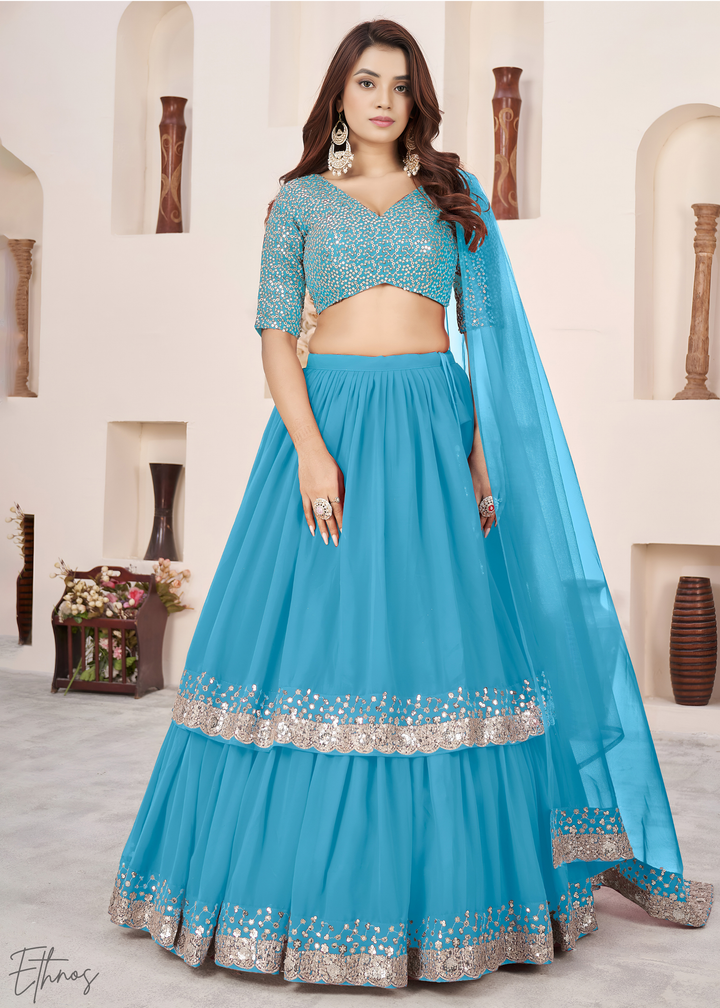 Sky Blue Sequins Georgette Lehenga