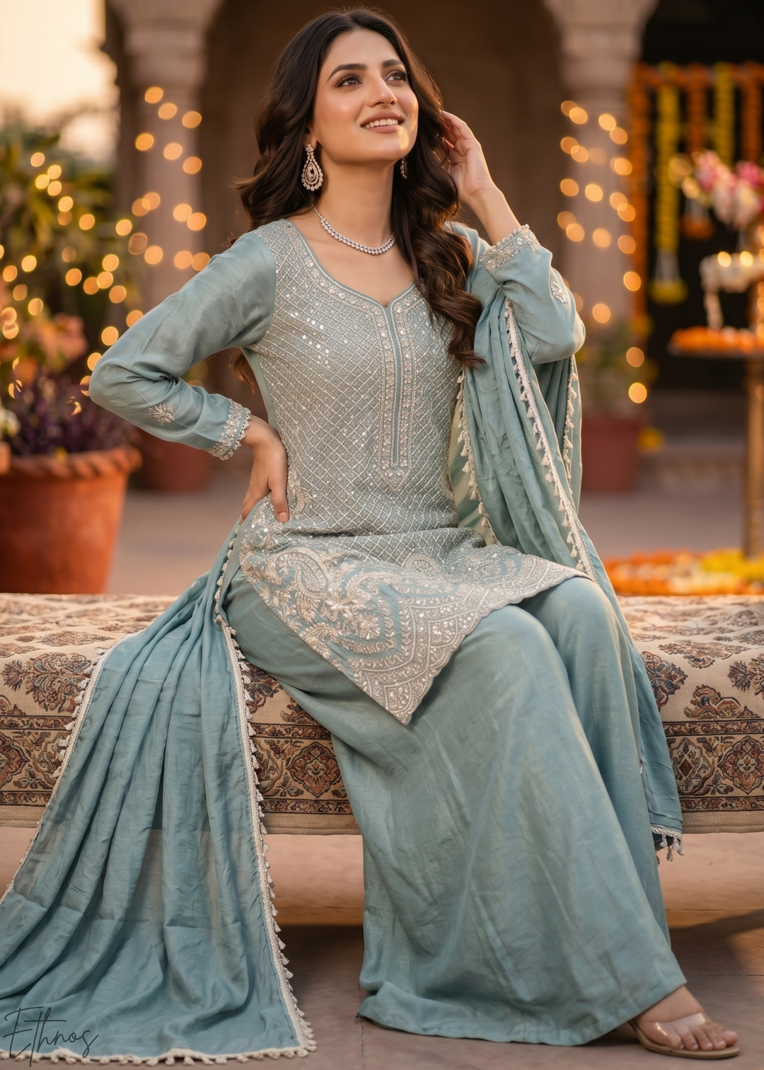 Slate Blue Botanical-Embroidered Chinon Silk Palazzo Suit