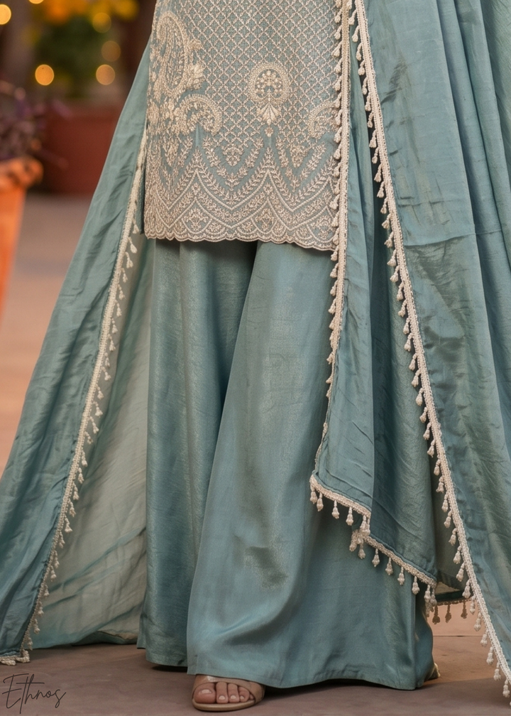 Slate Blue Botanical-Embroidered Chinon Silk Palazzo Suit
