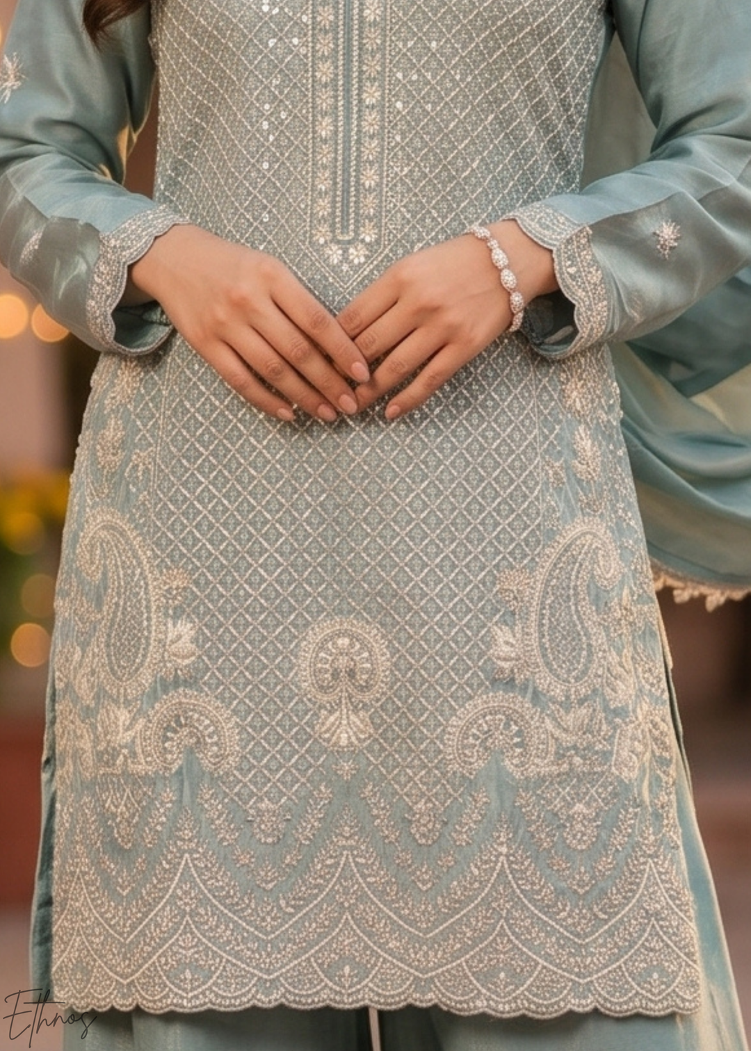 Slate Blue Botanical-Embroidered Chinon Silk Palazzo Suit