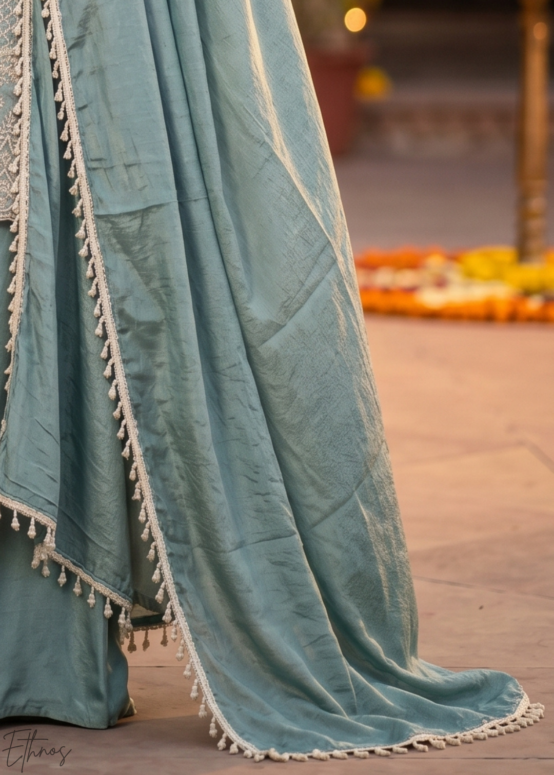 Slate Blue Botanical-Embroidered Chinon Silk Palazzo Suit