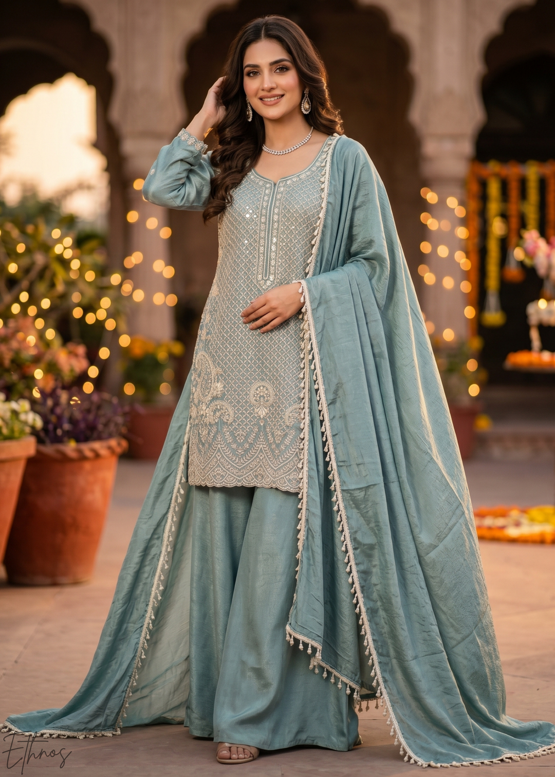 Slate Blue Botanical-Embroidered Chinon Silk Palazzo Suit