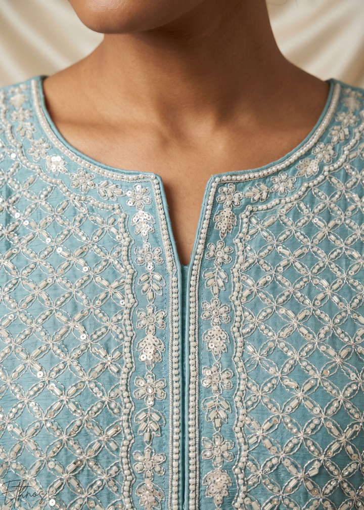 Slate Blue Botanical-Embroidered Chinon Silk Palazzo Suit