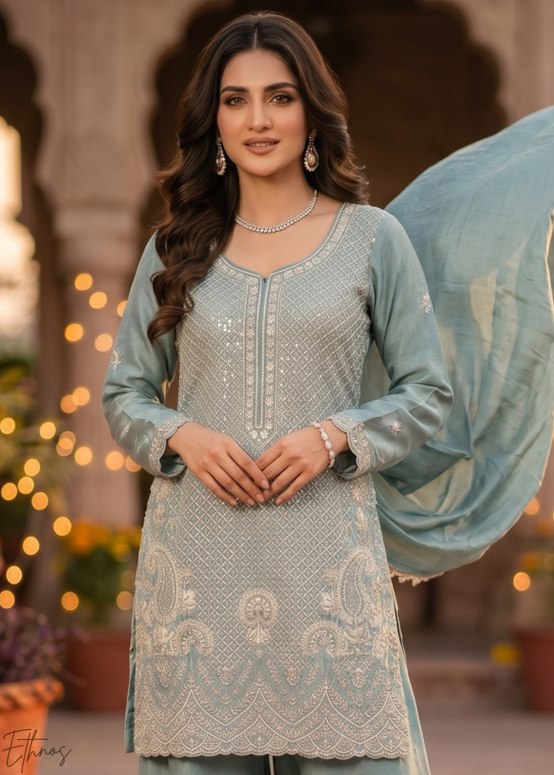 Slate Blue Botanical-Embroidered Chinon Silk Palazzo Suit