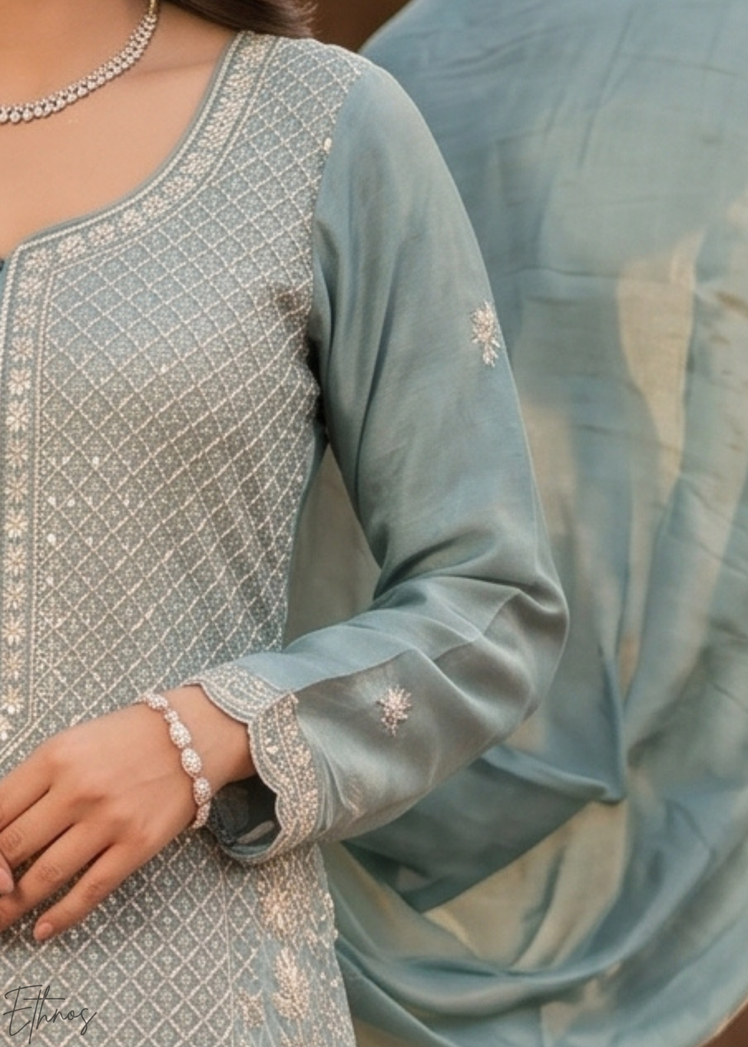 Slate Blue Botanical-Embroidered Chinon Silk Palazzo Suit