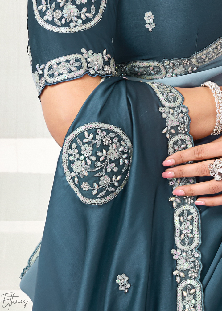 Slate Blue Scattered Detail Satin Silk Saree