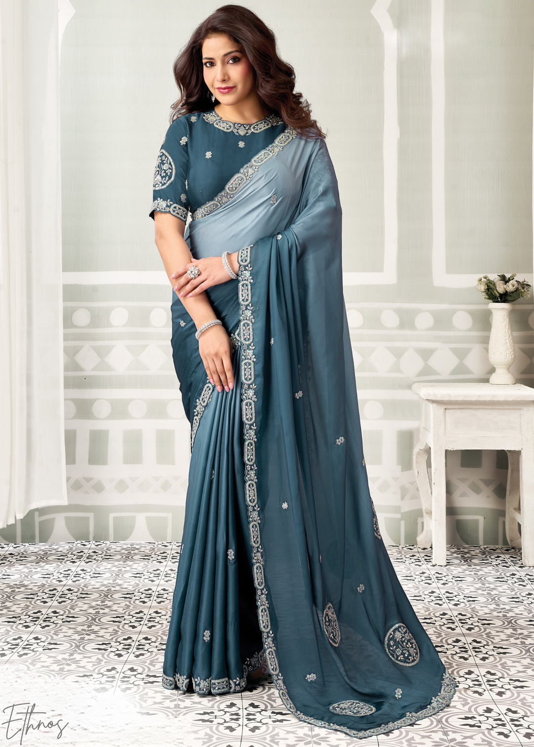 Slate Blue Scattered Detail Satin Silk Saree