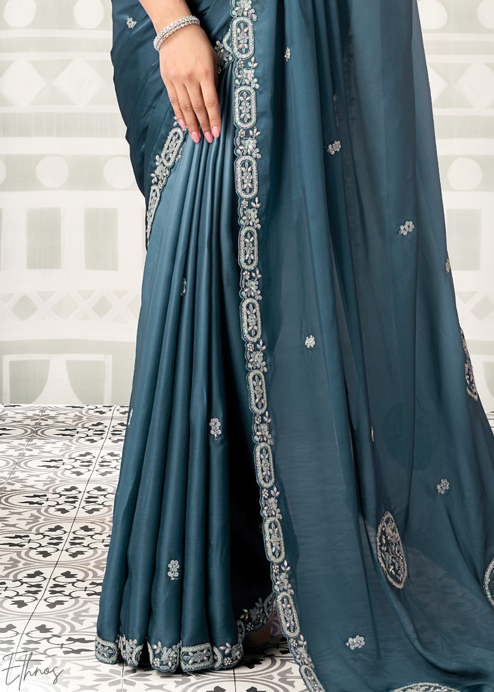 Slate Blue Scattered Detail Satin Silk Saree