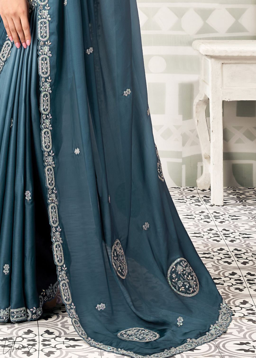 Slate Blue Scattered Detail Satin Silk Saree