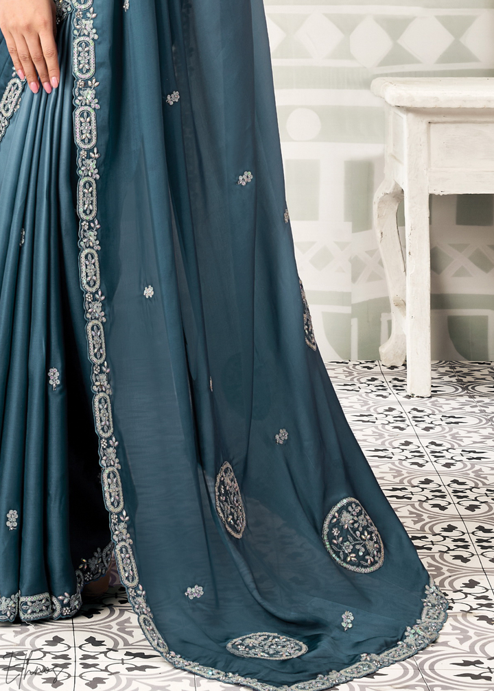 Slate Blue Scattered Detail Satin Silk Saree