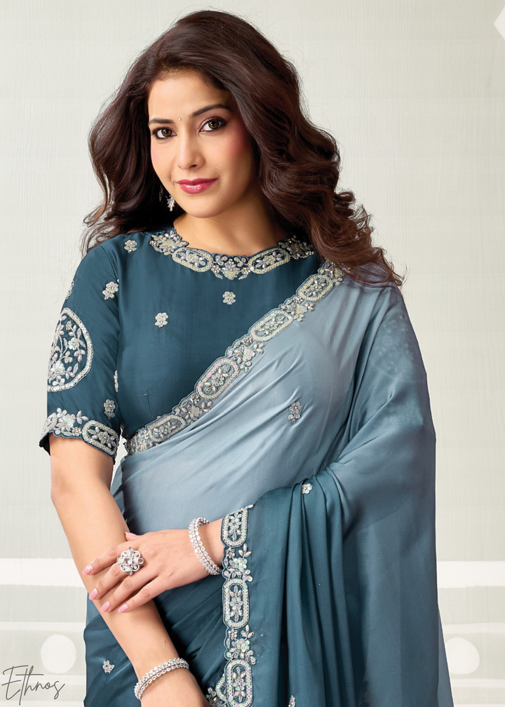 Slate Blue Scattered Detail Satin Silk Saree