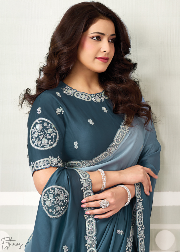 Slate Blue Scattered Detail Satin Silk Saree