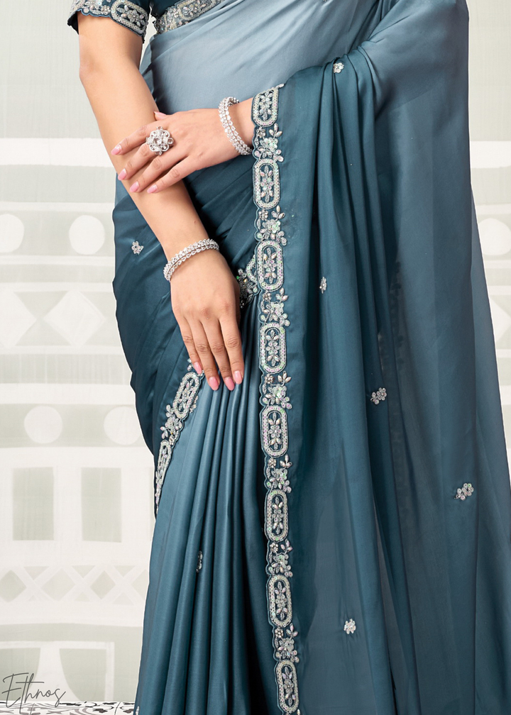 Slate Blue Scattered Detail Satin Silk Saree