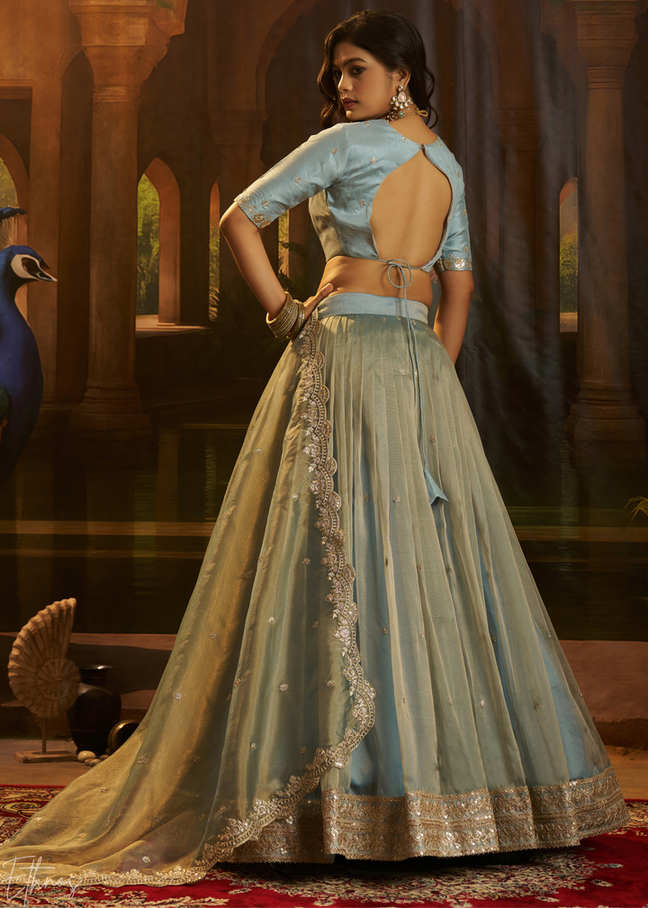 Slate Blue Zari-Work Organza Lehenga Set