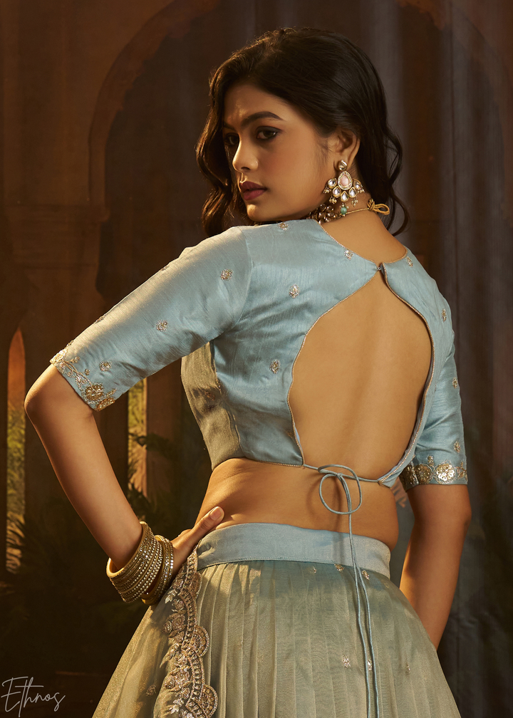 Slate Blue Zari-Work Organza Lehenga Set