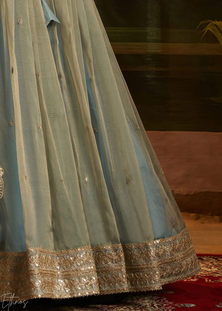 Slate Blue Zari-Work Organza Lehenga Set