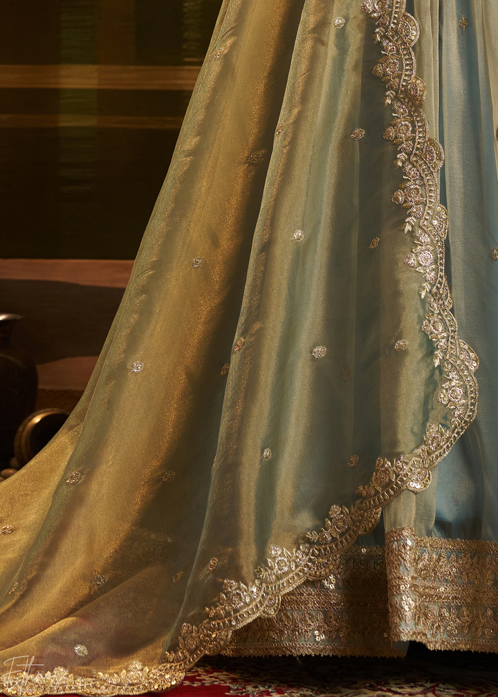 Slate Blue Zari-Work Organza Lehenga Set