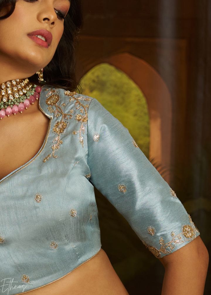 Slate Blue Zari-Work Organza Lehenga Set