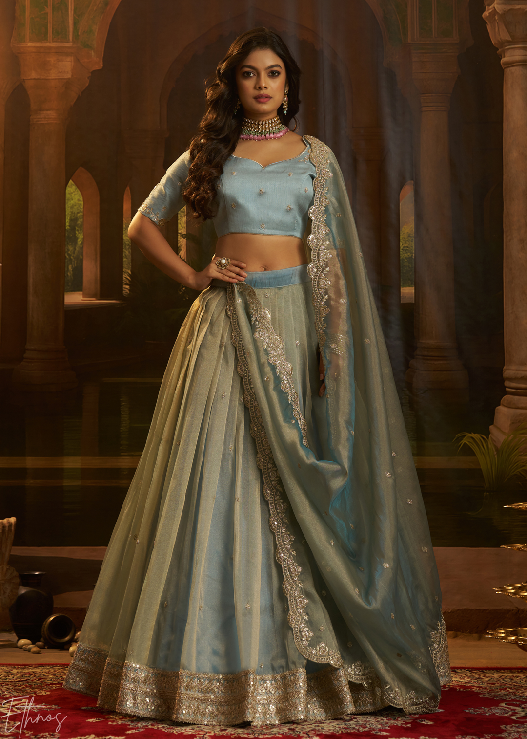 Slate Blue Zari-Work Organza Lehenga Set