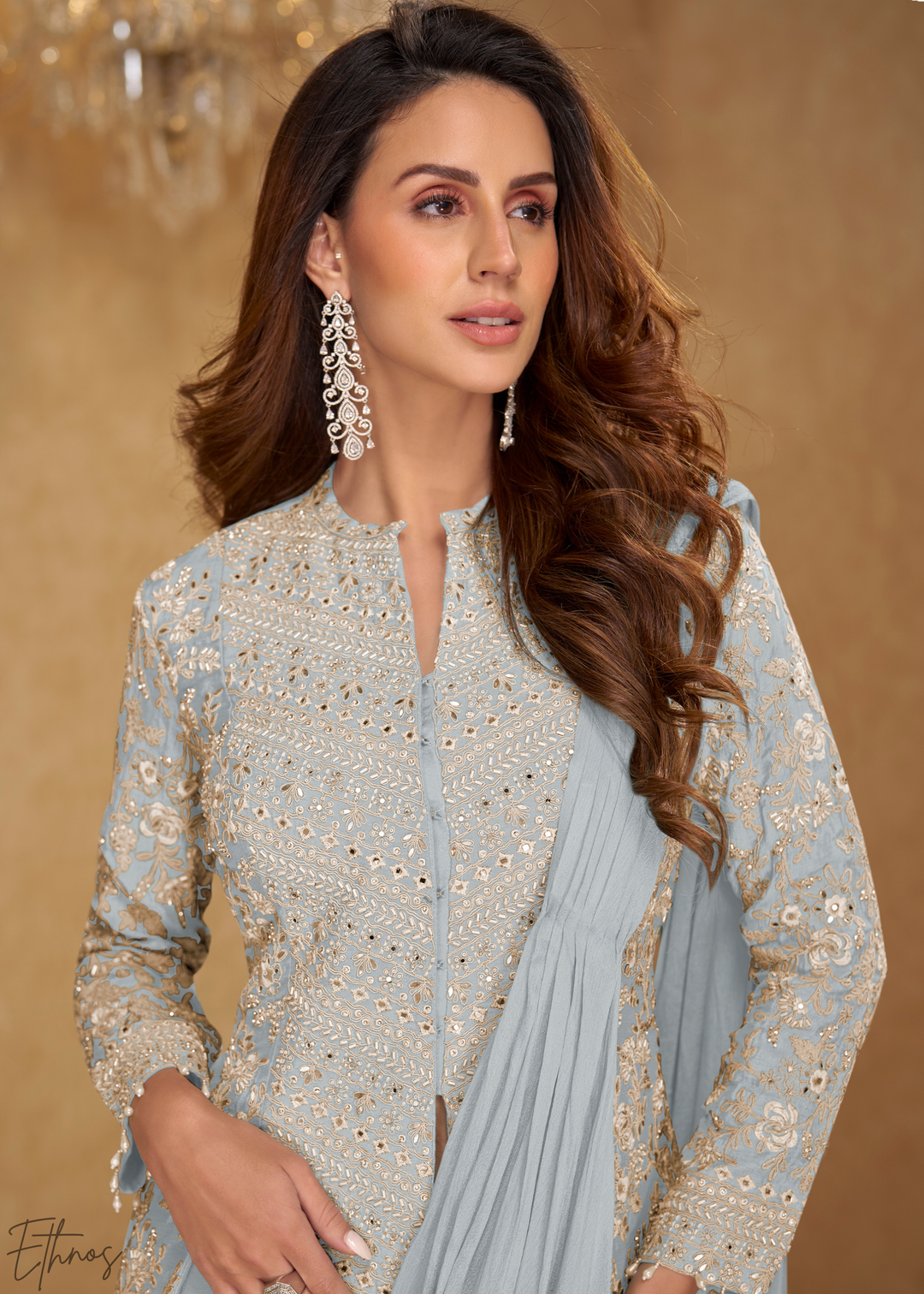 Slate Grey Embroidered Jacket Chinon Saree Skirt Set