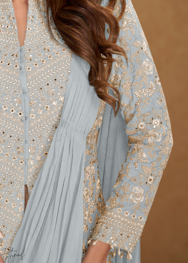 Slate Grey Embroidered Jacket Chinon Saree Skirt Set