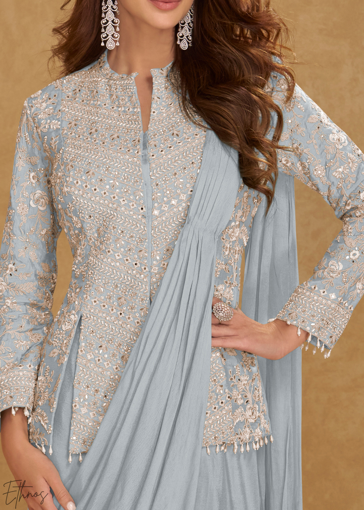 Slate Grey Embroidered Jacket Chinon Saree Skirt Set