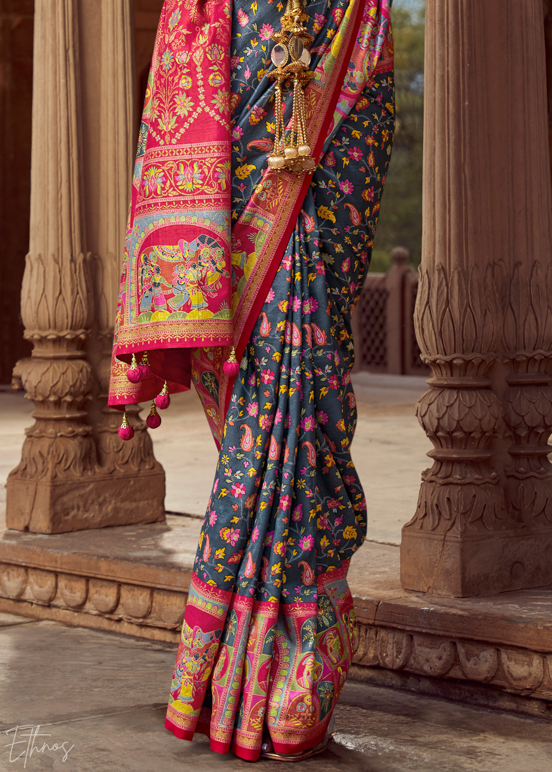Slate Grey Floral Silk Saree
