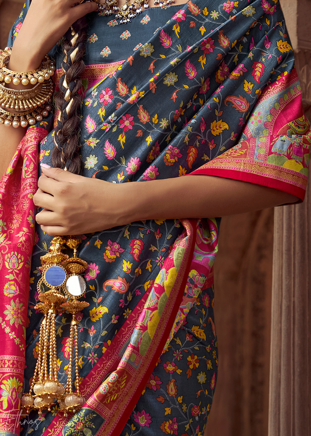 Slate Grey Floral Silk Saree
