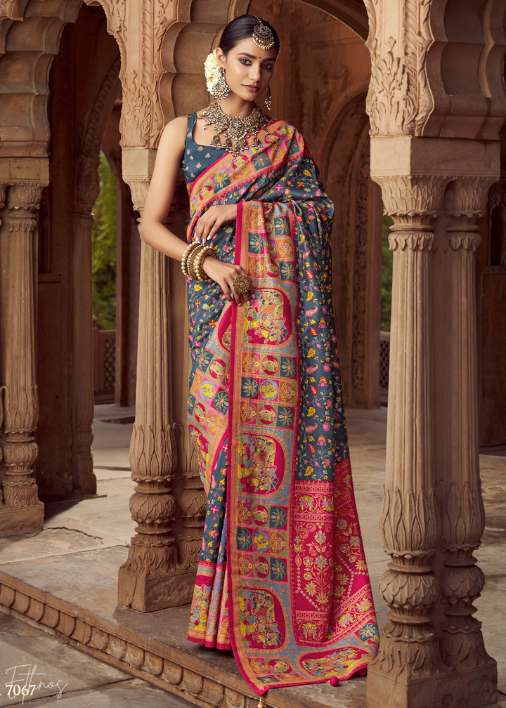 Slate Grey Floral Silk Saree
