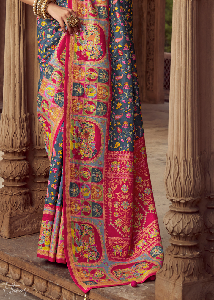 Slate Grey Floral Silk Saree