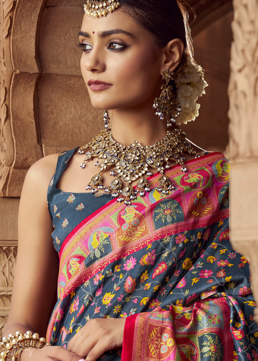 Slate Grey Floral Silk Saree