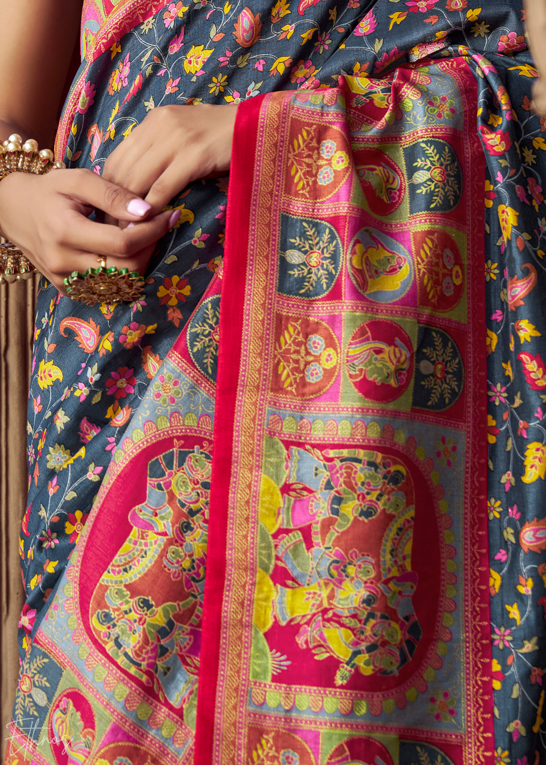 Slate Grey Floral Silk Saree