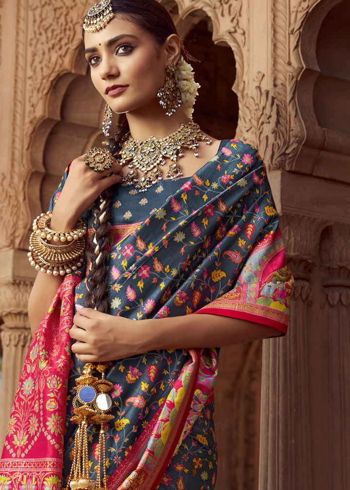 Slate Grey Floral Silk Saree