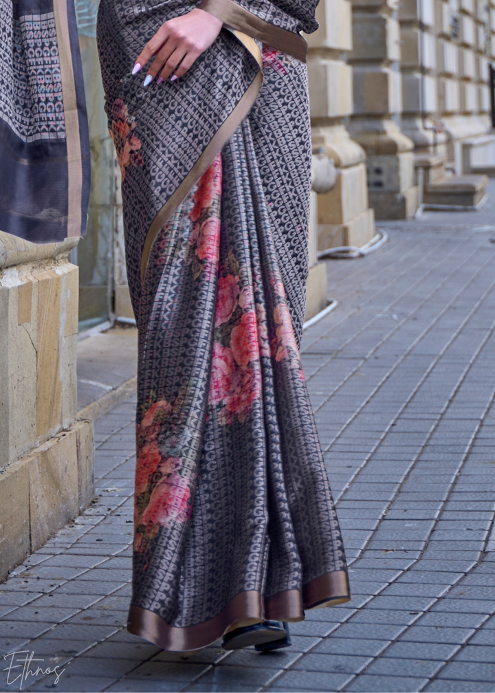 Slate Grey Printed Viscose Saree