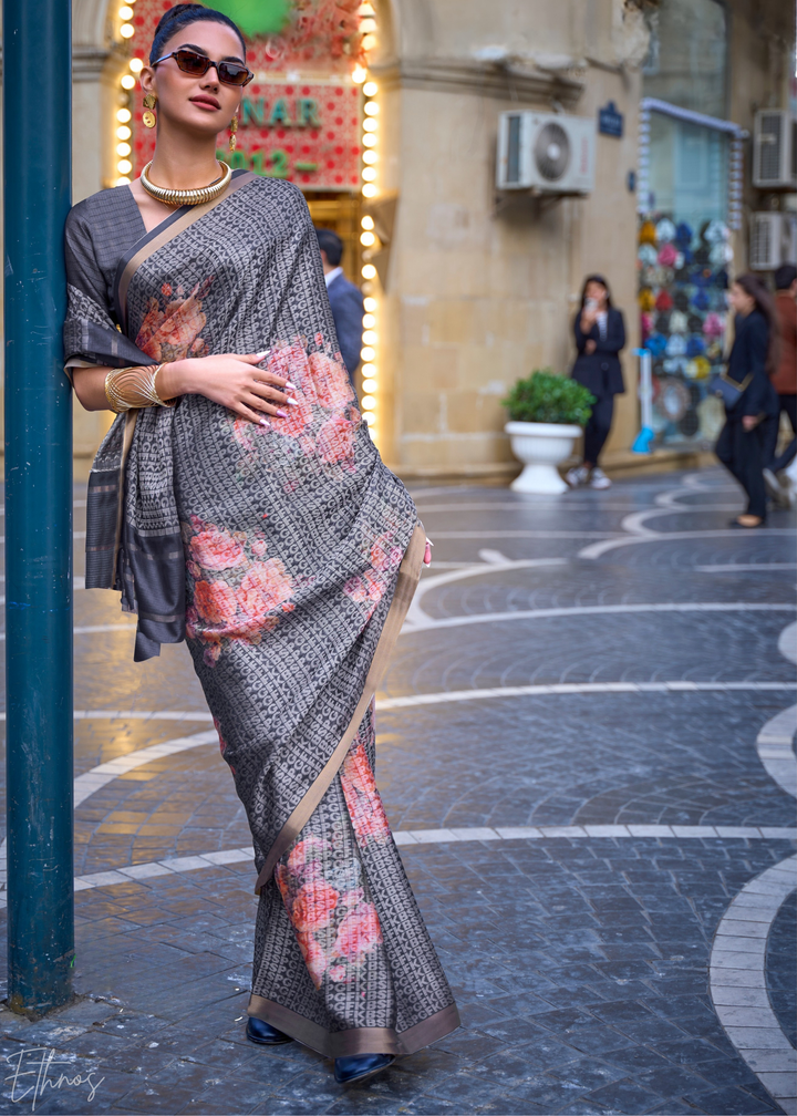 Slate Grey Printed Viscose Saree