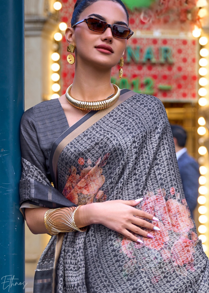 Slate Grey Printed Viscose Saree