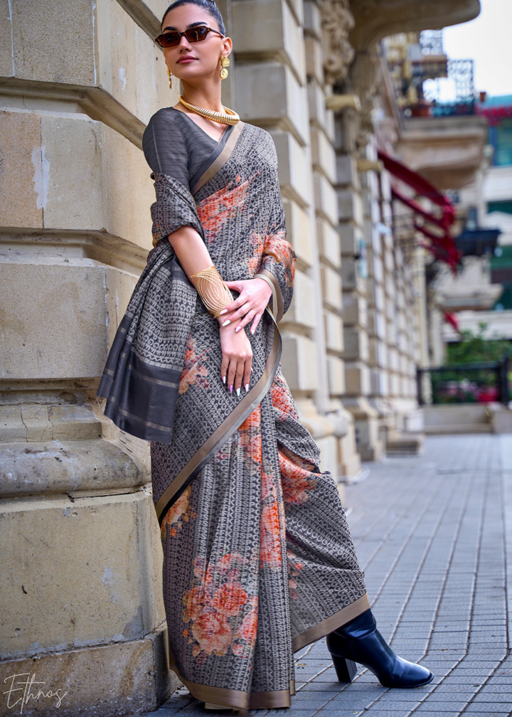 Slate Grey Printed Viscose Saree