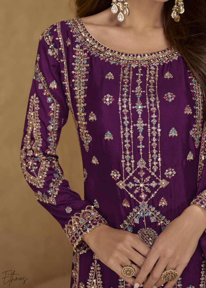 Imperial Wine Zari-Encrusted Chinon Palazzo Suit