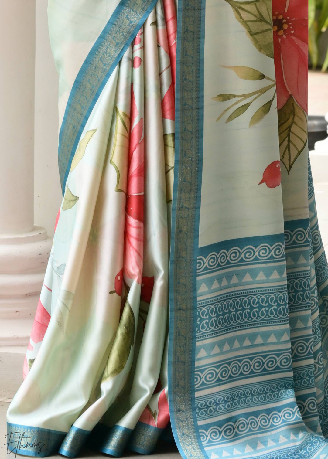 Soft Blue Floral Zari Satin Silk Saree