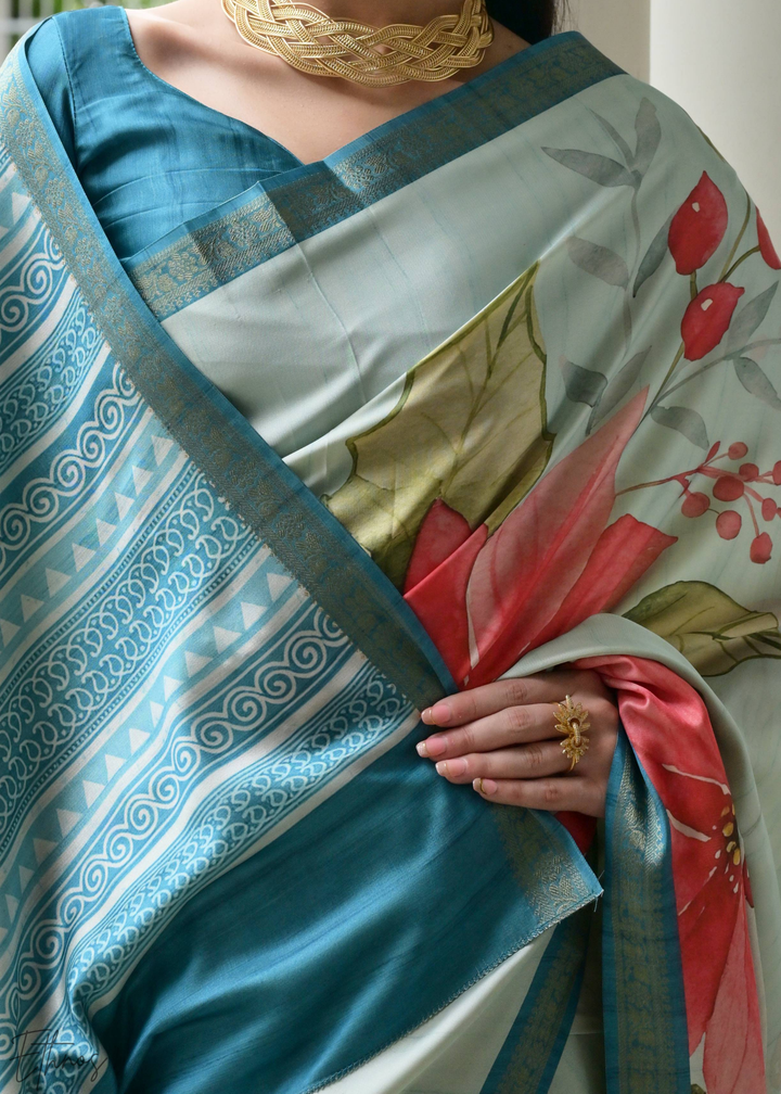 Soft Blue Floral Zari Satin Silk Saree