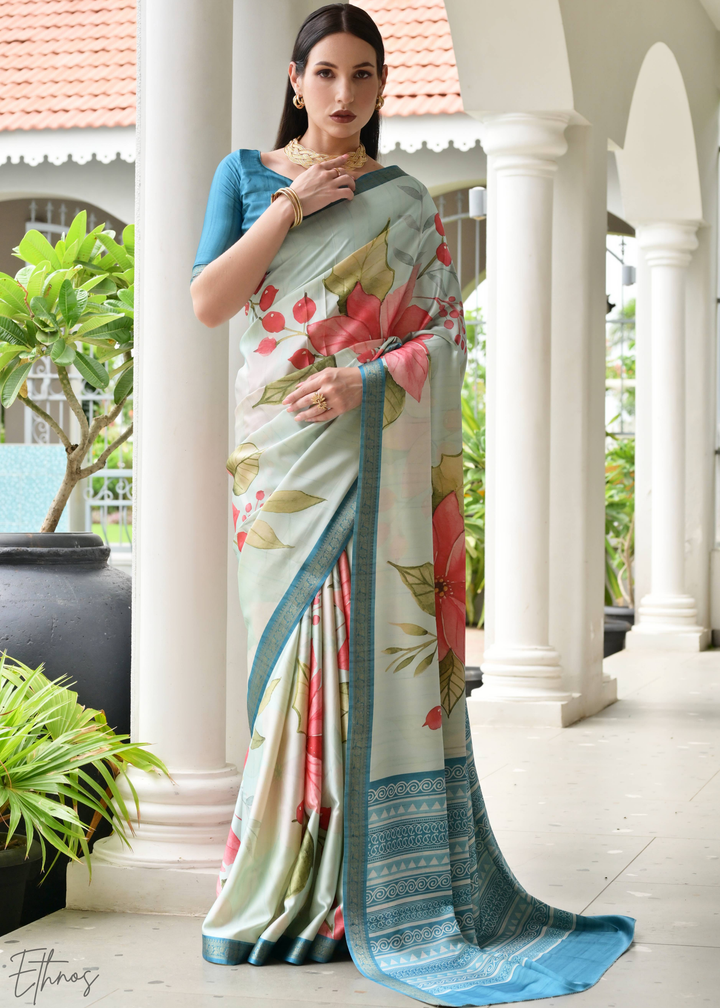 Soft Blue Floral Zari Satin Silk Saree