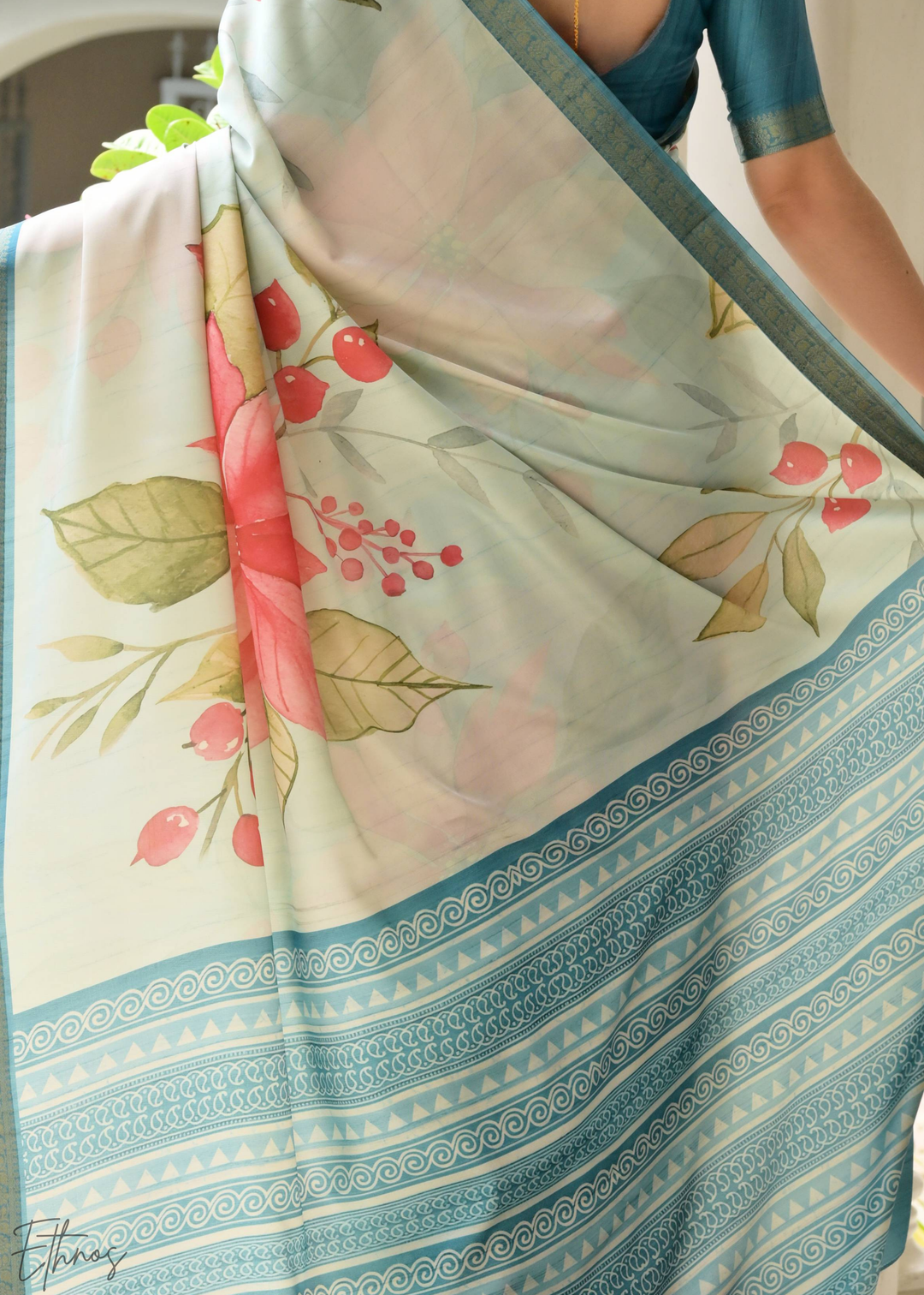 Soft Blue Floral Zari Satin Silk Saree