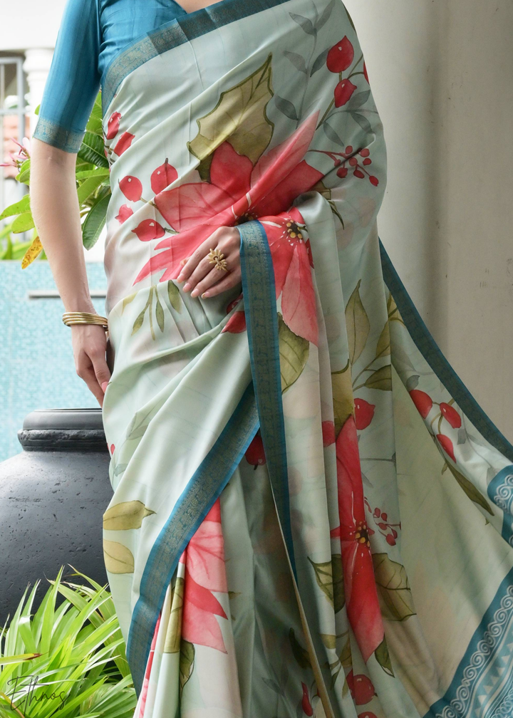 Soft Blue Floral Zari Satin Silk Saree