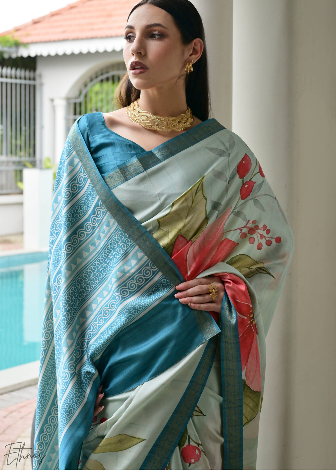 Soft Blue Floral Zari Satin Silk Saree