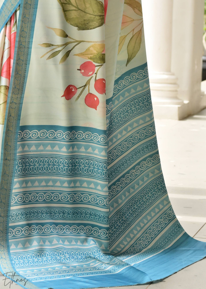 Soft Blue Floral Zari Satin Silk Saree