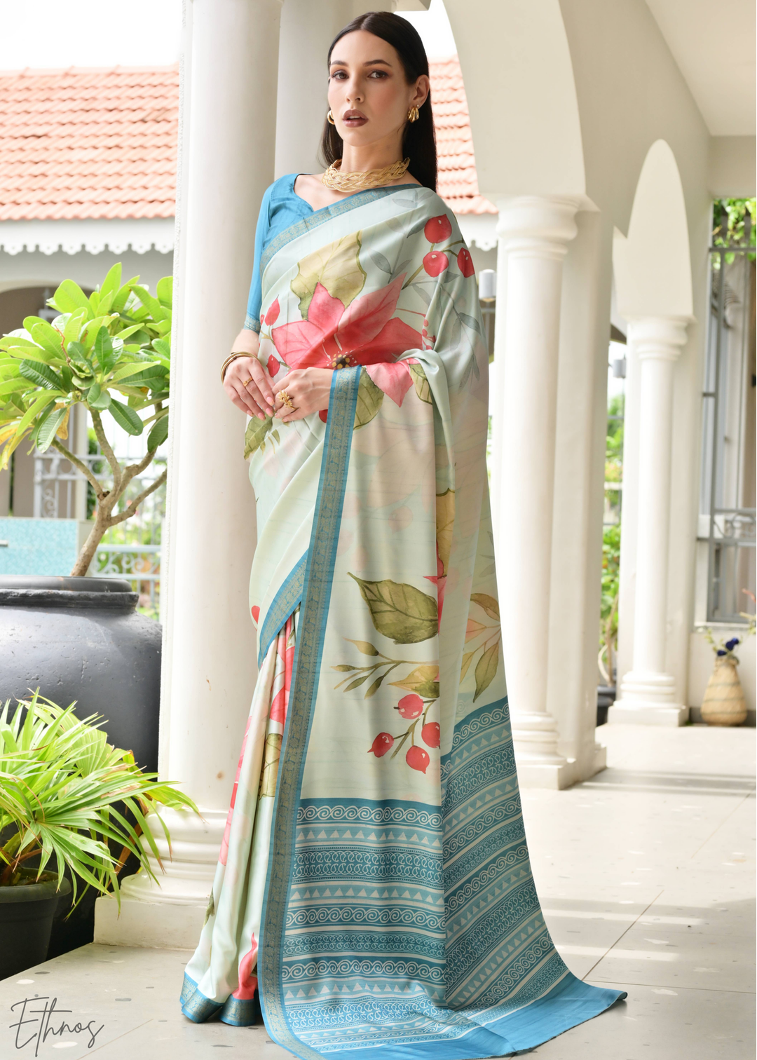 Soft Blue Floral Zari Satin Silk Saree