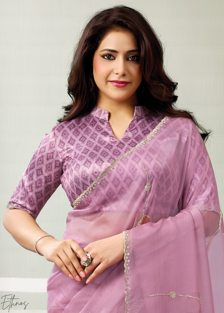 Soft Lavender Scattered Orangza Tissue Silk Saree