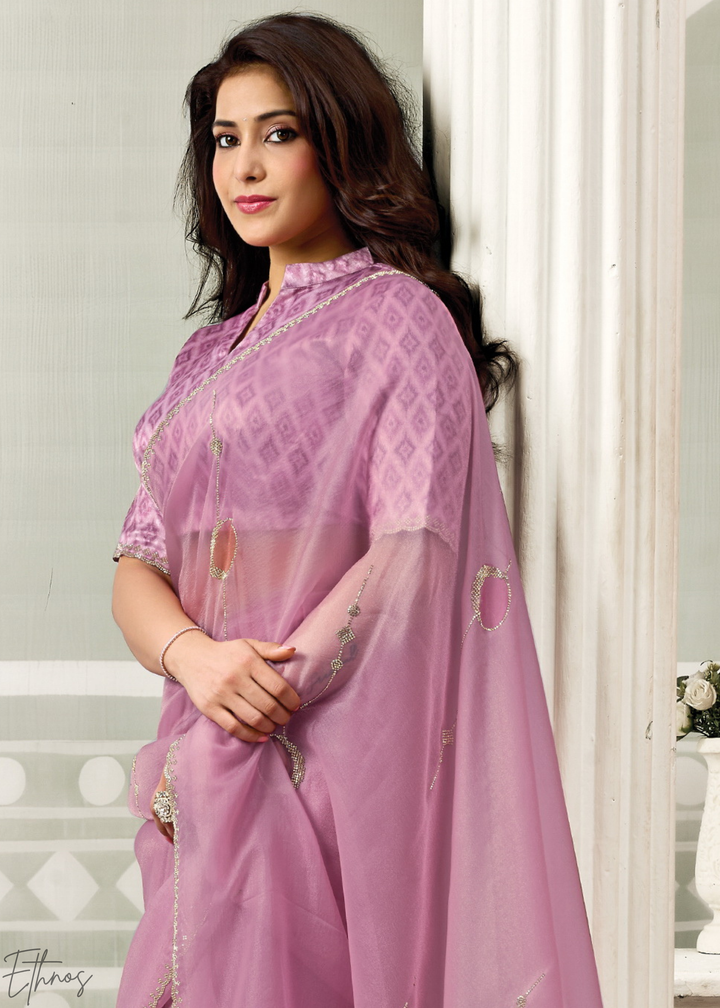 Soft Lavender Scattered Orangza Tissue Silk Saree