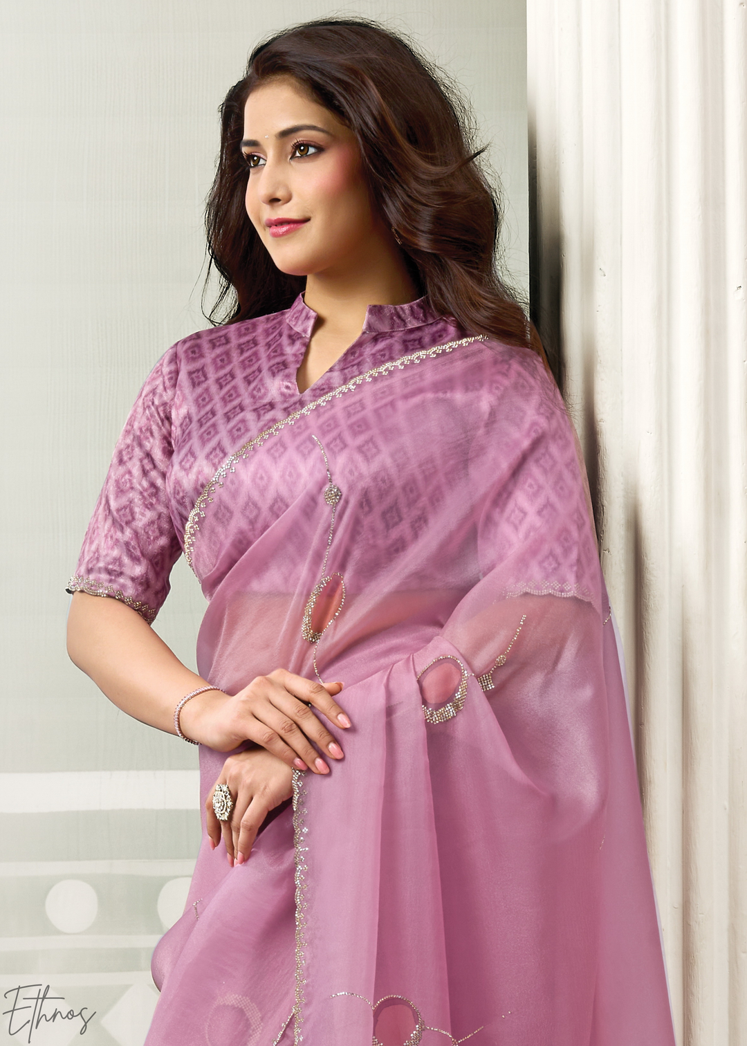 Soft Lavender Scattered Orangza Tissue Silk Saree